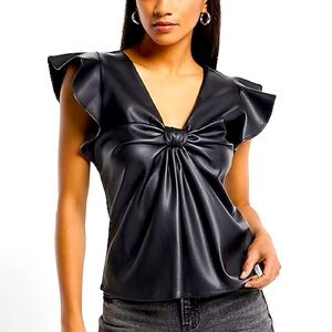 Faux Leather V-Neck Flutter Sleeve Knot Top
